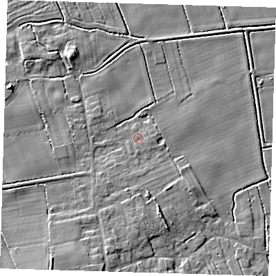 Shaded relief map of the ground around LN110XR, computed from Environment Agency LiDAR. The ground here sits at about 3 m above sea level and falls 8 m across the surrounding 800 m. Surface water reaching this point runs off ground lying to the south, 0.8 m higher.