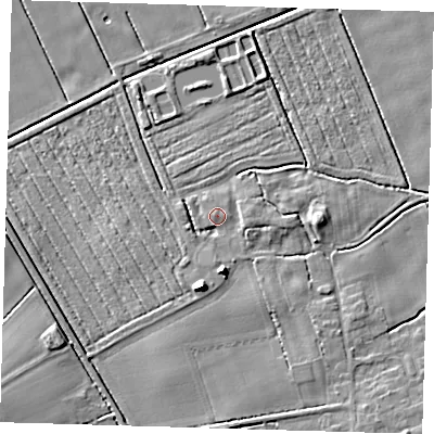 Shaded relief map of the ground around LN110XW, computed from Environment Agency LiDAR. The ground here sits at about 4 m above sea level and falls 10 m across the surrounding 800 m. Surface water reaching this point runs off ground lying to the east, 2.5 m higher.
