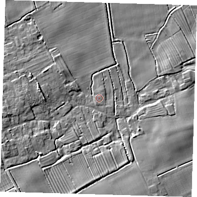 Shaded relief map of the ground around LN110ZS, computed from Environment Agency LiDAR. The ground here sits at about 4 m above sea level and falls 8 m across the surrounding 800 m. Surface water reaching this point runs off ground lying to the south-south-west, 0.5 m higher.