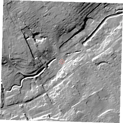 Shaded relief map of the ground around LN117AA, computed from Environment Agency LiDAR. The ground here sits at about 18 m above sea level and falls 14 m across the surrounding 800 m. Surface water reaching this point runs off ground lying to the west, 11.1 m higher.