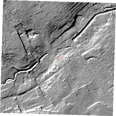 Shaded relief map of the ground around LN117AB, computed from Environment Agency LiDAR. The ground here sits at about 19 m above sea level and falls 16 m across the surrounding 800 m. Surface water reaching this point runs off ground lying to the south-east, 4.9 m higher.