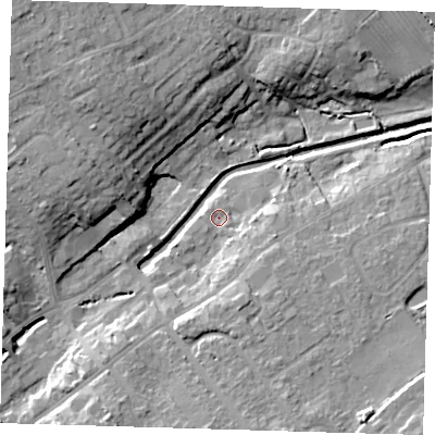 Shaded relief map of the ground around LN117AD, computed from Environment Agency LiDAR. The ground here sits at about 16 m above sea level and falls 18 m across the surrounding 800 m. Surface water reaching this point runs off ground lying to the south-south-west, 9.5 m higher.