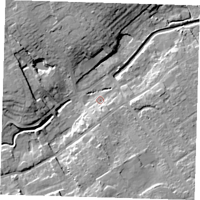 Shaded relief map of the ground around LN117AG, computed from Environment Agency LiDAR. The ground here sits at about 18 m above sea level and falls 15 m across the surrounding 800 m. Surface water reaching this point runs off ground lying to the south-east, 4.7 m higher.