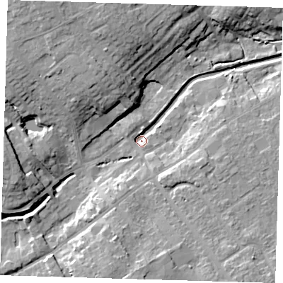 Shaded relief map of the ground around LN117AQ, computed from Environment Agency LiDAR. The ground here sits at about 16 m above sea level and falls 16 m across the surrounding 800 m. Surface water reaching this point runs off ground lying to the north-west, 14.0 m higher.