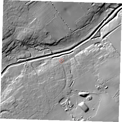 Shaded relief map of the ground around LN117AS, computed from Environment Agency LiDAR. The ground here sits at about 17 m above sea level and falls 19 m across the surrounding 800 m. Surface water reaching this point runs off ground lying to the south-south-east, 9.0 m higher.