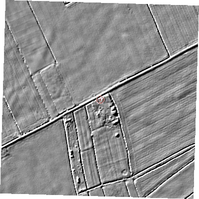 Shaded relief map of the ground around LN117BE, computed from Environment Agency LiDAR. The ground here sits at about 2 m above sea level and falls 3 m across the surrounding 800 m. Surface water reaching this point runs off ground lying to the east-north-east, 1.4 m higher.