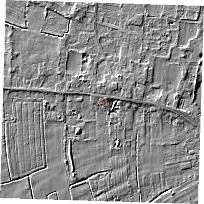 Shaded relief map of the ground around LN117BF, computed from Environment Agency LiDAR. The ground here sits at about 4 m above sea level and falls 5 m across the surrounding 800 m. Surface water reaching this point runs off ground lying to the north, 1.1 m higher.