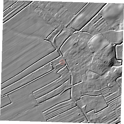 Shaded relief map of the ground around LN117BG, computed from Environment Agency LiDAR. The ground here sits at about 2 m above sea level and falls 6 m across the surrounding 800 m. Surface water reaching this point runs off ground lying to the south-west, 0.9 m higher.
