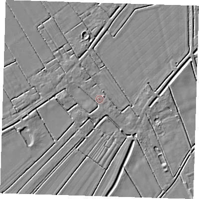 Shaded relief map of the ground around LN117BH, computed from Environment Agency LiDAR. The ground here sits at about 2 m above sea level and falls 3 m across the surrounding 800 m. Surface water reaching this point runs off ground lying to the north-west, 2.0 m higher.
