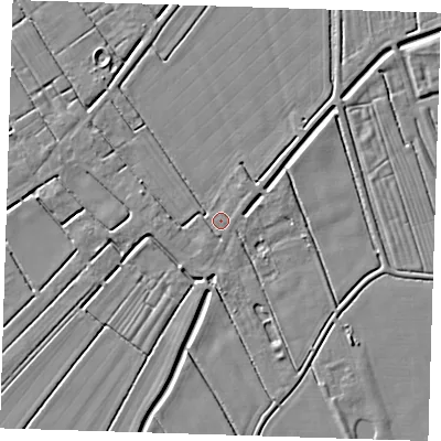 Shaded relief map of the ground around LN117BL, computed from Environment Agency LiDAR. The ground here sits at about 2 m above sea level and falls 3 m across the surrounding 800 m. Surface water reaching this point runs off ground lying to the south, 1.7 m higher.
