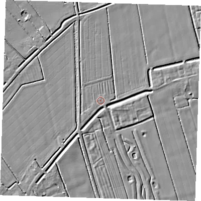 Shaded relief map of the ground around LN117BN, computed from Environment Agency LiDAR. The ground here sits at about 2 m above sea level and falls 3 m across the surrounding 800 m. Surface water reaching this point runs off ground lying to the south-west, 0.6 m higher.