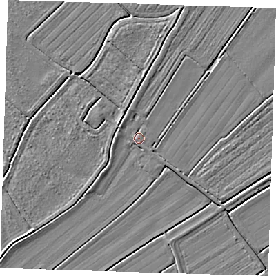 Shaded relief map of the ground around LN117BP, computed from Environment Agency LiDAR. The ground here sits at about 2 m above sea level and falls 4 m across the surrounding 800 m. Surface water reaching this point runs off ground lying to the south-south-west, 1.2 m higher.