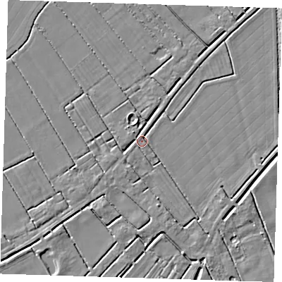 Shaded relief map of the ground around LN117BQ, computed from Environment Agency LiDAR. The ground here sits at about 2 m above sea level and falls 3 m across the surrounding 800 m. Surface water reaching this point runs off ground lying to the south-south-east, 2.7 m higher.