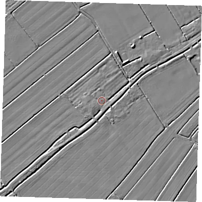 Shaded relief map of the ground around LN117BW, computed from Environment Agency LiDAR. The ground here sits at about 2 m above sea level and falls 4 m across the surrounding 800 m. Surface water reaching this point runs off ground lying to the south-south-east, 0.9 m higher.