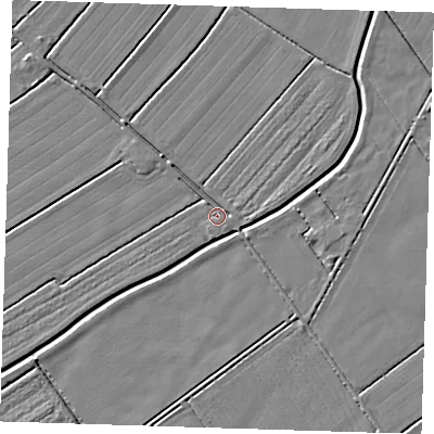 Shaded relief map of the ground around LN117DA, computed from Environment Agency LiDAR. The ground here sits at about 2 m above sea level and falls 3 m across the surrounding 800 m. Surface water reaching this point runs off ground lying to the north-north-east, 1.1 m higher.