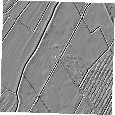 Shaded relief map of the ground around LN117DB, computed from Environment Agency LiDAR. The ground here sits at about 2 m above sea level and falls 3 m across the surrounding 800 m. Surface water reaching this point runs off ground lying to the east-south-east, 1.1 m higher.