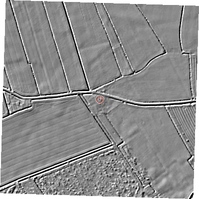 Shaded relief map of the ground around LN117DD, computed from Environment Agency LiDAR. The ground here sits at about 2 m above sea level and falls 3 m across the surrounding 800 m. Surface water reaching this point runs off ground lying to the south-south-east, 1.7 m higher.
