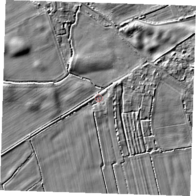 Shaded relief map of the ground around LN117DE, computed from Environment Agency LiDAR. The ground here sits at about 3 m above sea level and falls 5 m across the surrounding 800 m. Surface water reaching this point runs off ground lying to the east, 1.6 m higher.