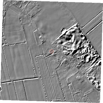 Shaded relief map of the ground around LN117DF, computed from Environment Agency LiDAR. The ground here sits at about 3 m above sea level and falls 8 m across the surrounding 800 m. Surface water reaching this point runs off ground lying to the east, 1.7 m higher.