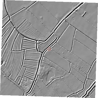 Shaded relief map of the ground around LN117DG, computed from Environment Agency LiDAR. The ground here sits at about 2 m above sea level and falls 3 m across the surrounding 800 m. Surface water reaching this point runs off ground lying to the south-south-west, 2.1 m higher.