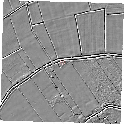 Shaded relief map of the ground around LN117DH, computed from Environment Agency LiDAR. The ground here sits at about 2 m above sea level and falls 3 m across the surrounding 800 m. Surface water reaching this point runs off ground lying to the north-north-west, 1.9 m higher.