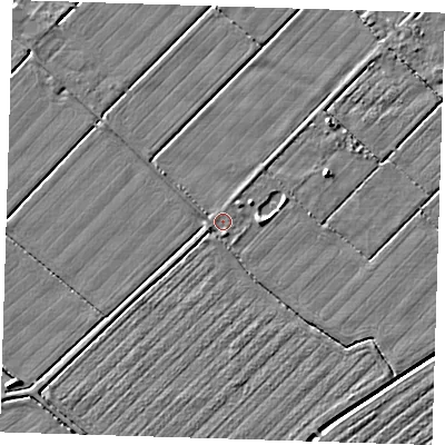 Shaded relief map of the ground around LN117DJ, computed from Environment Agency LiDAR. The ground here sits at about 2 m above sea level and falls 4 m across the surrounding 800 m. Surface water reaching this point runs off ground lying to the south, 1.4 m higher.