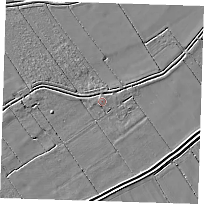 Shaded relief map of the ground around LN117DL, computed from Environment Agency LiDAR. The ground here sits at about 3 m above sea level and falls 3 m across the surrounding 800 m. Surface water reaching this point runs off ground lying to the north-north-east, 0.8 m higher.