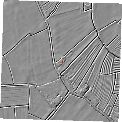 Shaded relief map of the ground around LN117DQ, computed from Environment Agency LiDAR. The ground here sits at about 3 m above sea level and falls 3 m across the surrounding 800 m. Surface water reaching this point runs off ground lying to the east-north-east, 0.8 m higher.