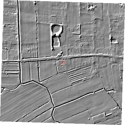 Shaded relief map of the ground around LN117DW, computed from Environment Agency LiDAR. The ground here sits at about 3 m above sea level and falls 4 m across the surrounding 800 m. Surface water reaching this point runs off ground lying to the north-east, 0.9 m higher.