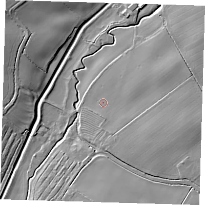 Shaded relief map of the ground around LN117DX, computed from Environment Agency LiDAR. The ground here sits at about 11 m above sea level and falls 12 m across the surrounding 800 m. Surface water reaching this point runs off ground lying to the south-east, 3.0 m higher.