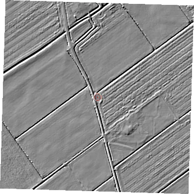 Shaded relief map of the ground around LN117EJ, computed from Environment Agency LiDAR. The ground here sits at about 2 m above sea level and falls 3 m across the surrounding 800 m. Surface water reaching this point runs off ground lying to the south, 1.5 m higher.