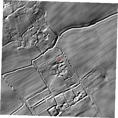 Shaded relief map of the ground around LN117EW, computed from Environment Agency LiDAR. The ground here sits at about 9 m above sea level and falls 9 m across the surrounding 800 m. Surface water reaching this point runs off ground lying to the south, 4.8 m higher.