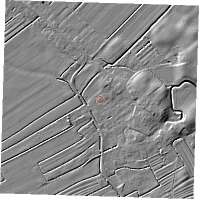 Shaded relief map of the ground around LN117FD, computed from Environment Agency LiDAR. The ground here sits at about 3 m above sea level and falls 6 m across the surrounding 800 m. Surface water reaching this point runs off ground lying to the north-north-east, 1.6 m higher.