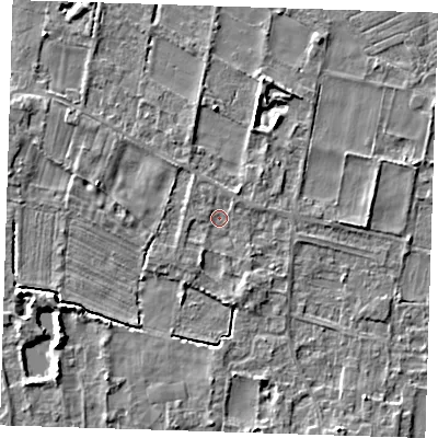 Shaded relief map of the ground around LN117GA, computed from Environment Agency LiDAR. The ground here sits at about 4 m above sea level and falls 5 m across the surrounding 800 m. Surface water reaching this point runs off ground lying to the south-south-west, 1.2 m higher.