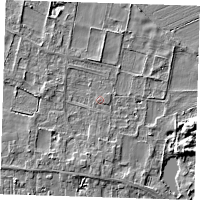 Shaded relief map of the ground around LN117GB, computed from Environment Agency LiDAR. The ground here sits at about 4 m above sea level and falls 7 m across the surrounding 800 m. Surface water reaching this point runs off ground lying to the east, 0.8 m higher.