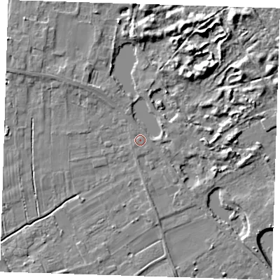 Shaded relief map of the ground around LN117GD, computed from Environment Agency LiDAR. The ground here sits at about 4 m above sea level and falls 8 m across the surrounding 800 m. Surface water reaching this point runs off ground lying to the north-east, 6.5 m higher.