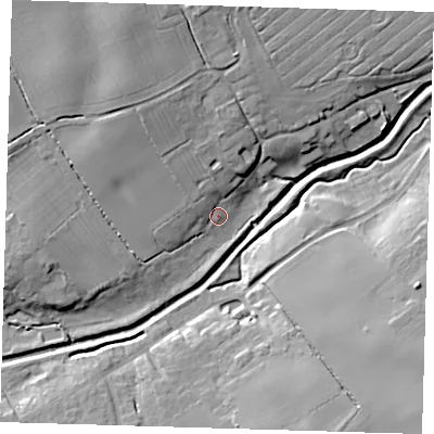 Shaded relief map of the ground around LN117HQ, computed from Environment Agency LiDAR. The ground here sits at about 15 m above sea level and falls 17 m across the surrounding 800 m. Surface water reaching this point runs off ground lying to the north-west, 9.5 m higher.