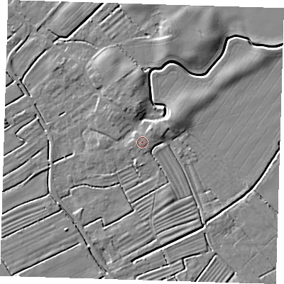 Shaded relief map of the ground around LN117HR, computed from Environment Agency LiDAR. The ground here sits at about 4 m above sea level and falls 6 m across the surrounding 800 m. Surface water reaching this point runs off ground lying to the west, 0.7 m higher.