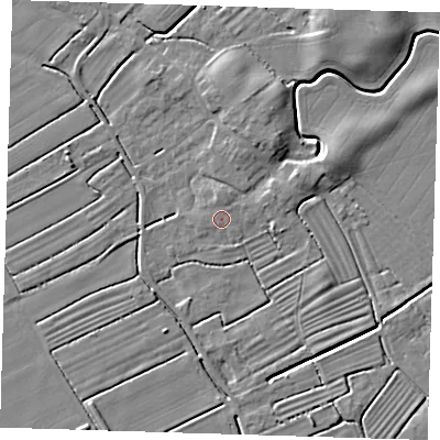 Shaded relief map of the ground around LN117HU, computed from Environment Agency LiDAR. The ground here sits at about 3 m above sea level and falls 6 m across the surrounding 800 m. Surface water reaching this point runs off ground lying to the north, 0.9 m higher.