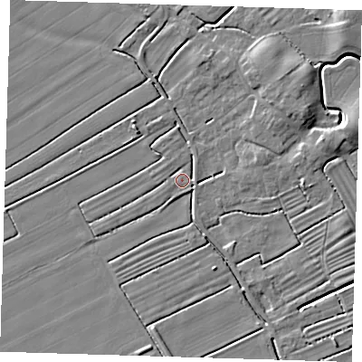 Shaded relief map of the ground around LN117HX, computed from Environment Agency LiDAR. The ground here sits at about 2 m above sea level and falls 6 m across the surrounding 800 m. Surface water reaching this point runs off ground lying to the west, 1.2 m higher.