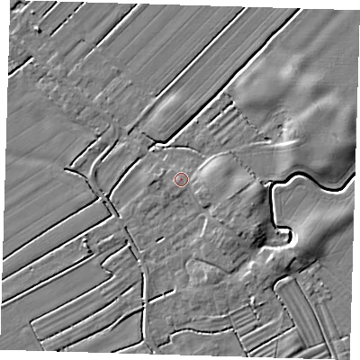 Shaded relief map of the ground around LN117JA, computed from Environment Agency LiDAR. The ground here sits at about 4 m above sea level and falls 6 m across the surrounding 800 m. Surface water reaching this point runs off ground lying to the west-south-west, 0.6 m higher.