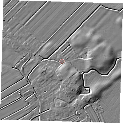 Shaded relief map of the ground around LN117JB, computed from Environment Agency LiDAR. The ground here sits at about 3 m above sea level and falls 6 m across the surrounding 800 m. Surface water reaching this point runs off ground lying to the south-south-east, 3.2 m higher.