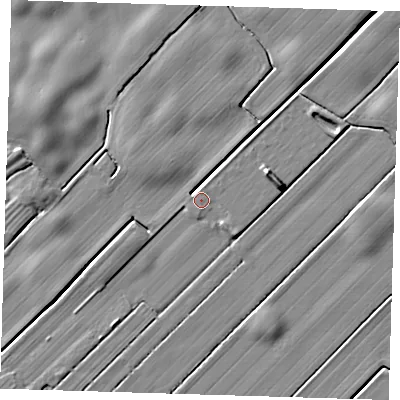 Shaded relief map of the ground around LN117JE, computed from Environment Agency LiDAR. The ground here sits at about 3 m above sea level and falls 7 m across the surrounding 800 m. Surface water reaching this point runs off ground lying to the north-north-east, 0.6 m higher.