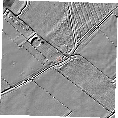 Shaded relief map of the ground around LN117JP, computed from Environment Agency LiDAR. The ground here sits at about 2 m above sea level and falls 4 m across the surrounding 800 m. Surface water reaching this point runs off ground lying to the north-west, 1.6 m higher.