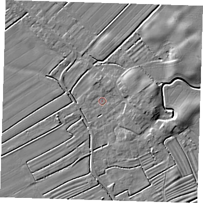 Shaded relief map of the ground around LN117JQ, computed from Environment Agency LiDAR. The ground here sits at about 2 m above sea level and falls 6 m across the surrounding 800 m. Surface water reaching this point runs off ground lying to the east-north-east, 3.2 m higher.