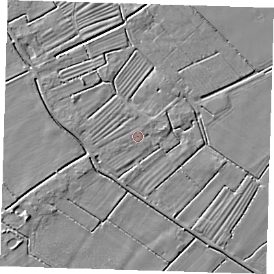 Shaded relief map of the ground around LN117JR, computed from Environment Agency LiDAR. The ground here sits at about 2 m above sea level and falls 4 m across the surrounding 800 m. Surface water reaching this point runs off ground lying to the north-east, 1.0 m higher.