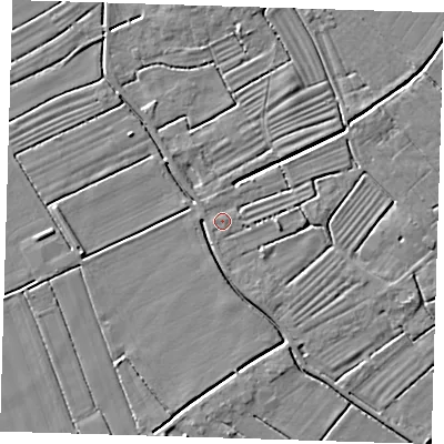 Shaded relief map of the ground around LN117JS, computed from Environment Agency LiDAR. The ground here sits at about 3 m above sea level and falls 4 m across the surrounding 800 m. Surface water reaching this point runs off ground lying to the east-north-east, 1.3 m higher.