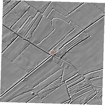 Shaded relief map of the ground around LN117JT, computed from Environment Agency LiDAR. The ground here sits at about 2 m above sea level and falls 3 m across the surrounding 800 m. Surface water reaching this point runs off ground lying to the south-south-east, 1.3 m higher.