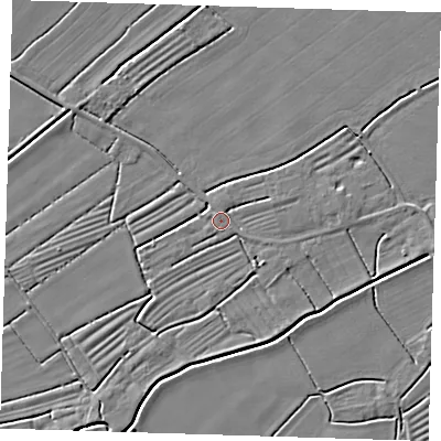 Shaded relief map of the ground around LN117JU, computed from Environment Agency LiDAR. The ground here sits at about 2 m above sea level and falls 3 m across the surrounding 800 m. Surface water reaching this point runs off ground lying to the east, 1.9 m higher.