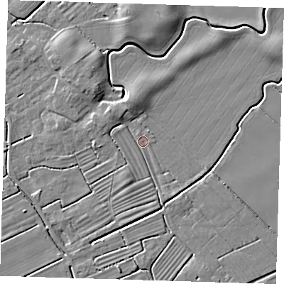 Shaded relief map of the ground around LN117JW, computed from Environment Agency LiDAR. The ground here sits at about 2 m above sea level and falls 6 m across the surrounding 800 m. Surface water reaching this point runs off ground lying to the north-north-west, 5.3 m higher.
